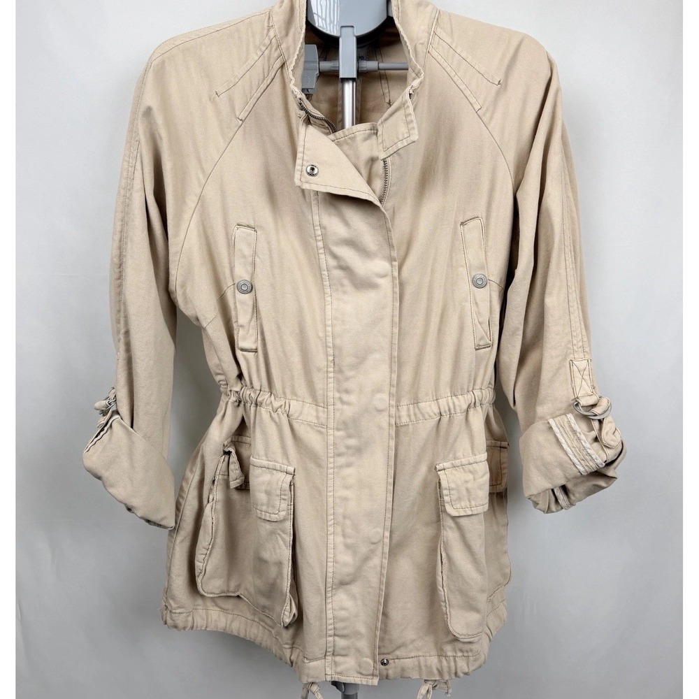 Kensie Women's Medium Safari Jacket Coat Utility Military 100% Cotton Beige EUC